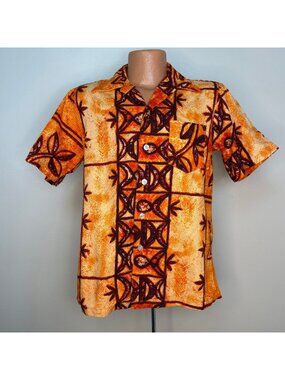 Vintage 1960s Hawaiian Shirt, Orange Tiki Print Cotton Barkcloth, Waltah Clarkes